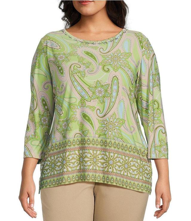 Allison Daley Plus Size Embellished Paisley Border Print 3/4 Sleeve Crew Neck Knit Top Product Image