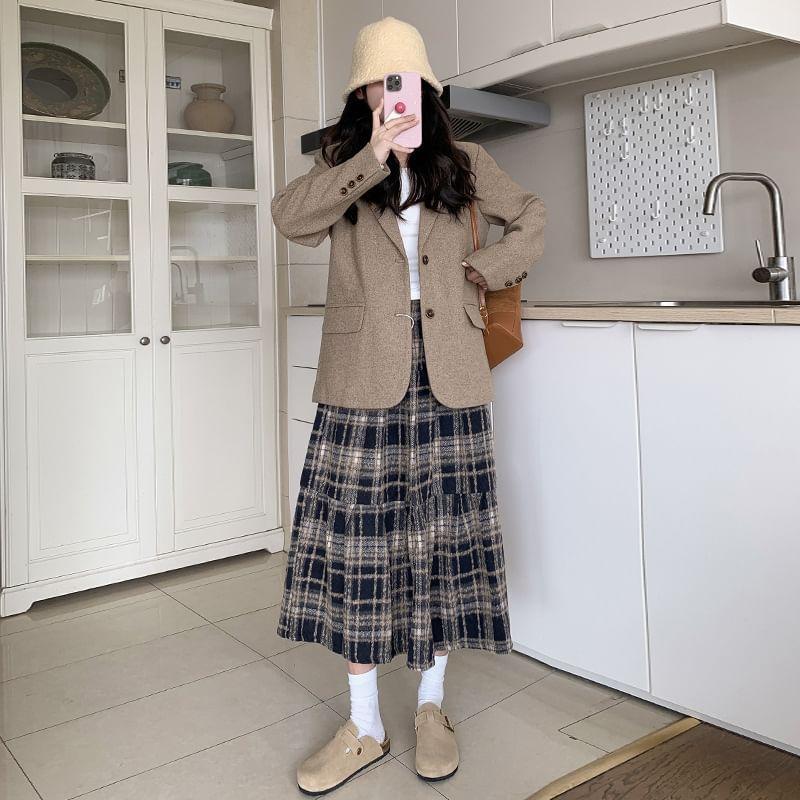 High Rise Plaid Midi A-Line Skirt Product Image