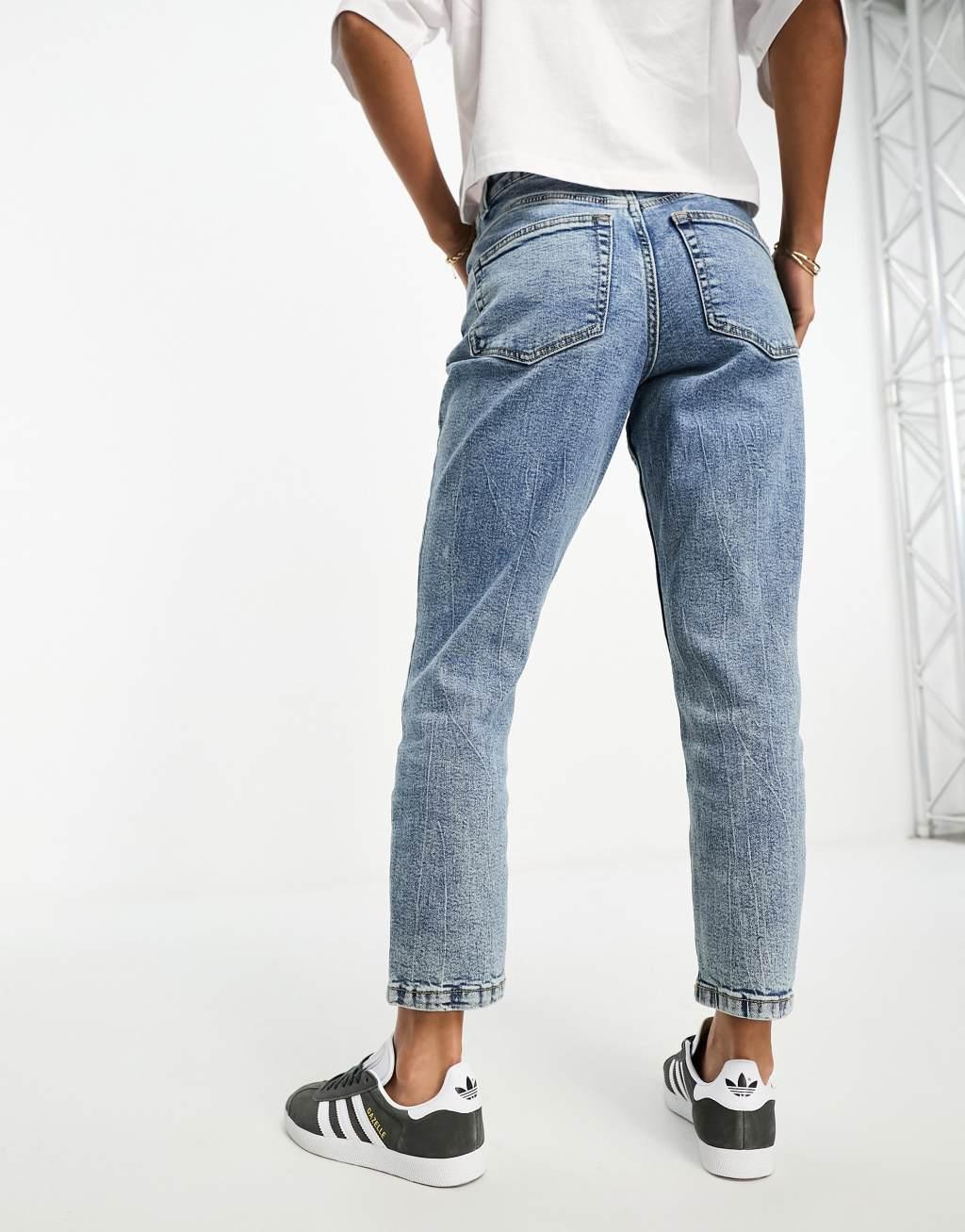 ASOS DESIGN Petite slim fit comfort mom jeans in mid blue Product Image