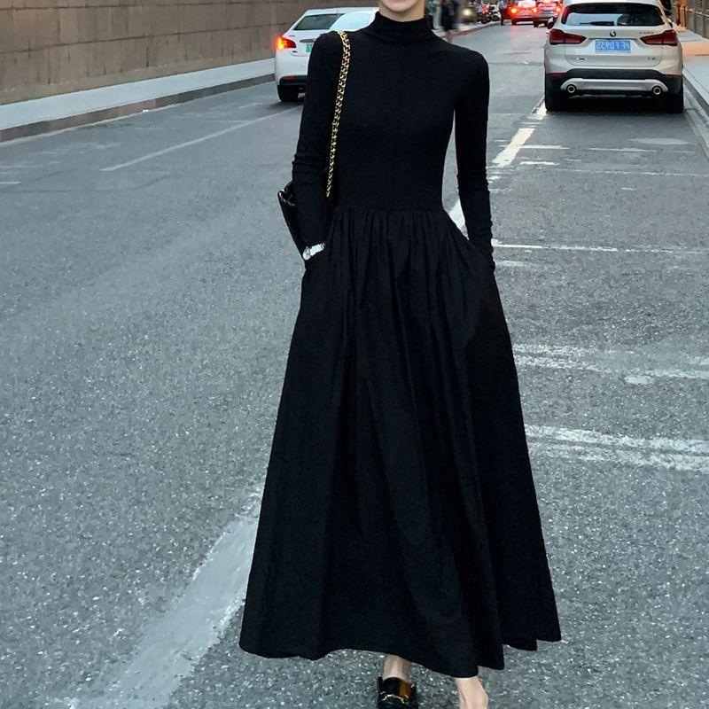 Long Sleeve Turtleneck Plain Maxi A-Line Dress Product Image