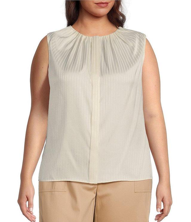 Calvin Klein Plus Size Woven Pleated Crew Neck Sleeveless Button Front Top Product Image