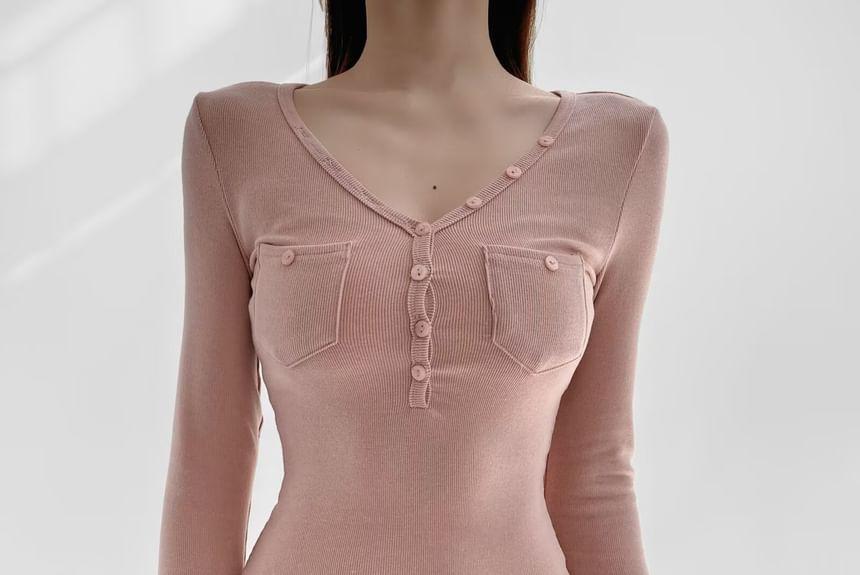 Long-Sleeve V-Neck Henley Plain Top Product Image