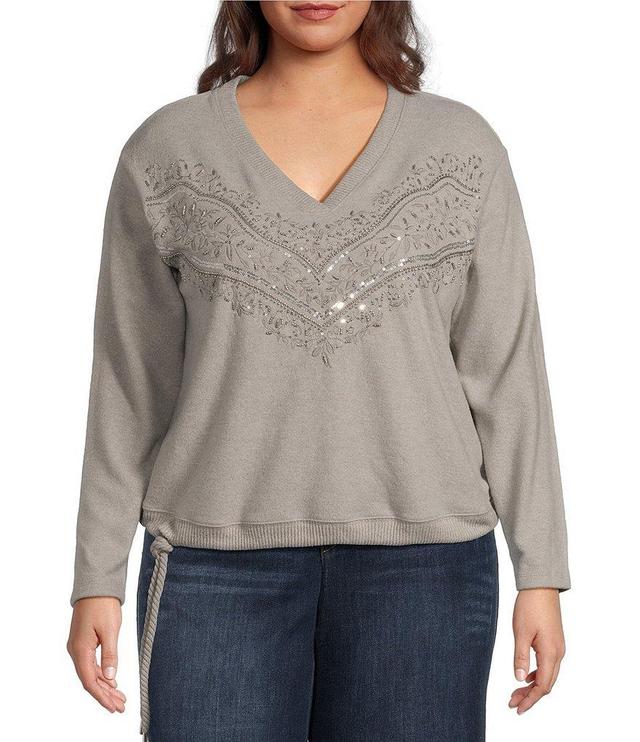 Democracy Plus Size Embroidered Sequin V-Neck Long Sleeve Knit Top Product Image