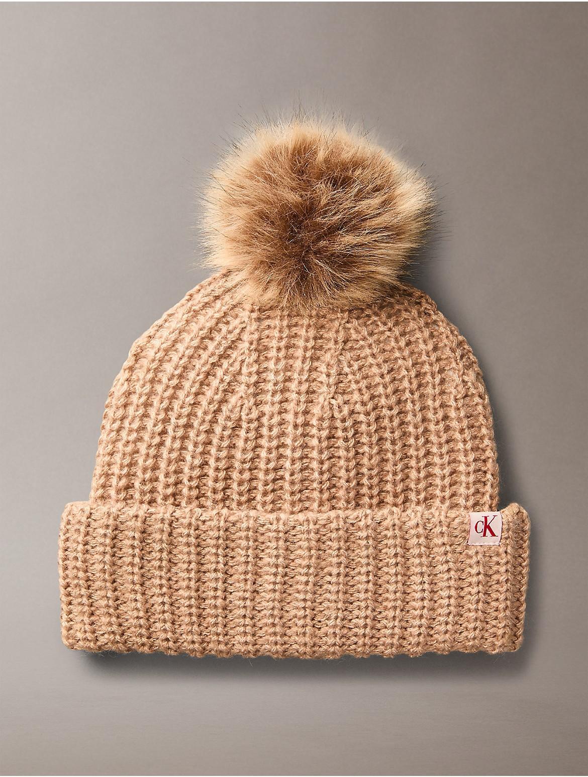 Calvin Klein Womens Fleece Ribbed Pom-Pom Beanie - Brown Product Image