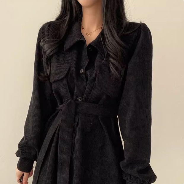 Collared Button-Up Plain Long Trench Coat Product Image