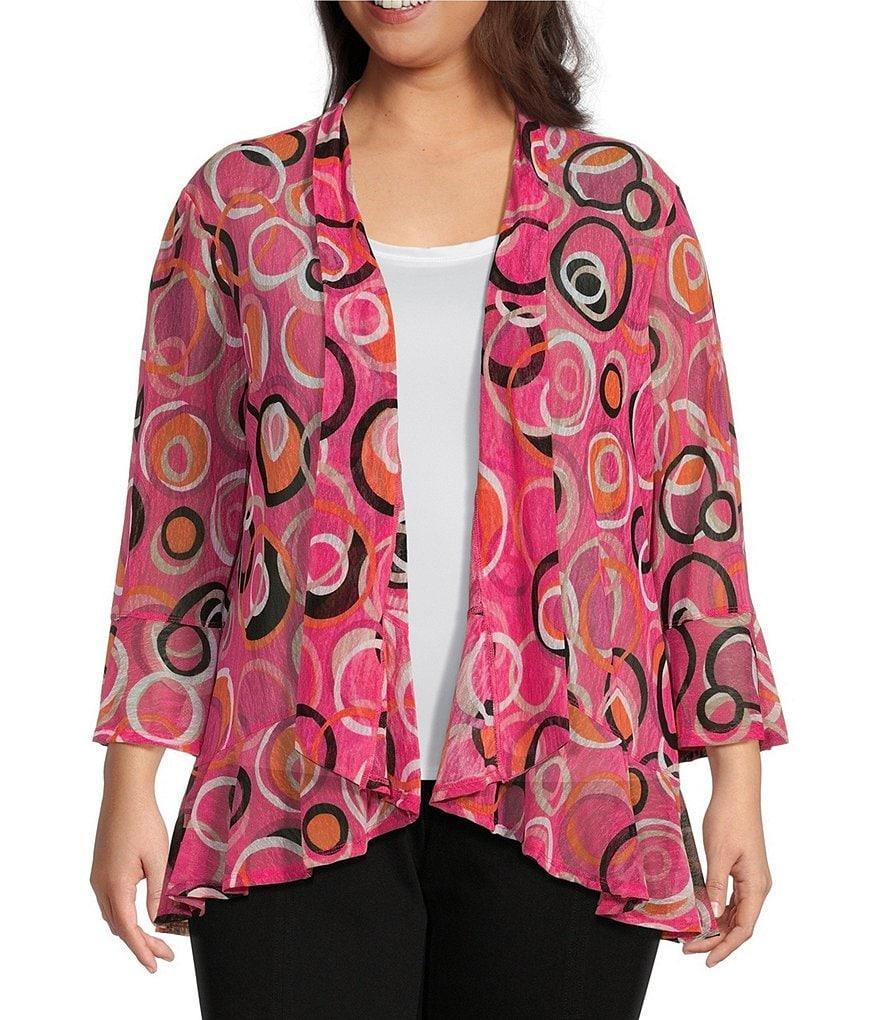 Multiples Plus Size Onionskin Square Multi Print 3/4 Flounce Sleeve Hi-Low Hem Open-Front Jacket Product Image