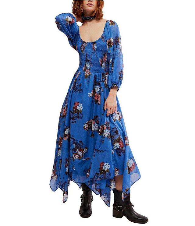 Free People Morning Glory Floral Print Scoop Neck Long Sleeve Smocked Maxi Dress Product Image