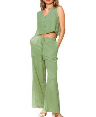 Cupshe Womens Green Front Button Tank & Straight Leg Pants Set Product Image