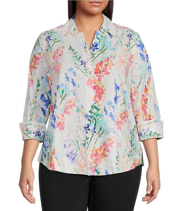 Investments Plus Size Taylor Gold Label Non-Iron Vine Floral 3/4 Sleeve Button Front Shirt Product Image