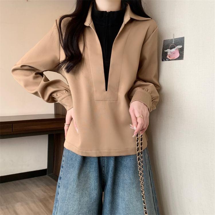 Mock Two-Piece Long-Sleeve Two Tone Overhead Blouse Product Image