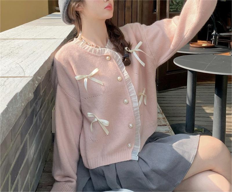 Bow Frill Trim Faux Pearl Button Cardigan Product Image