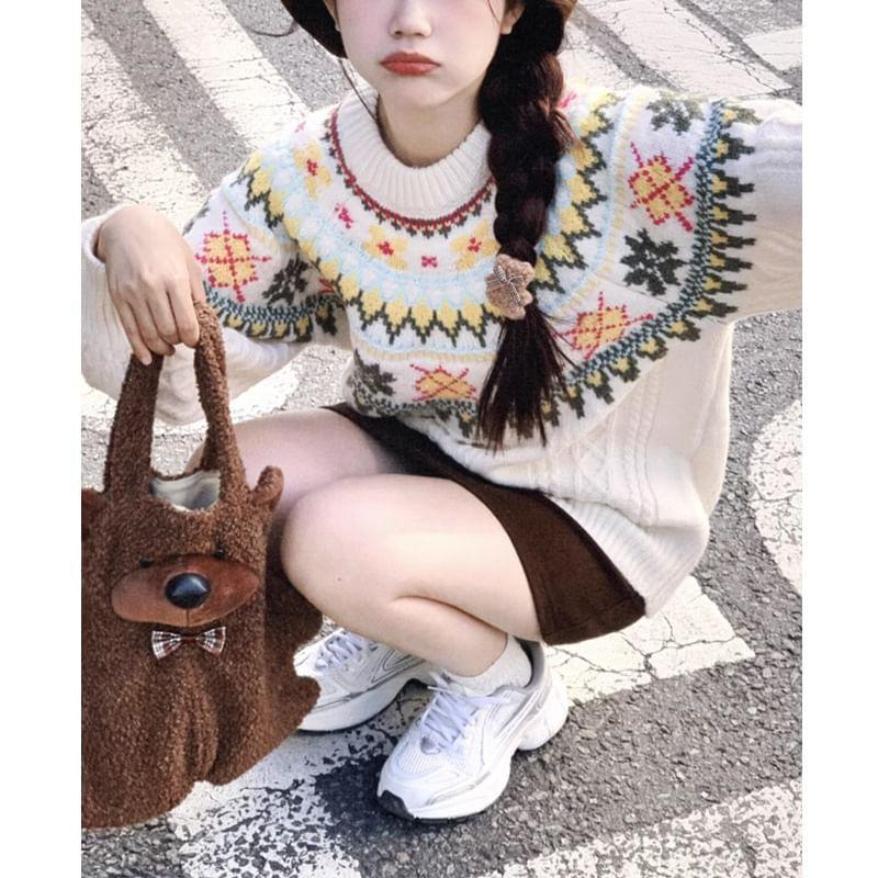 Crew Neck Pattern Jacquard Cable Knit Sweater Product Image