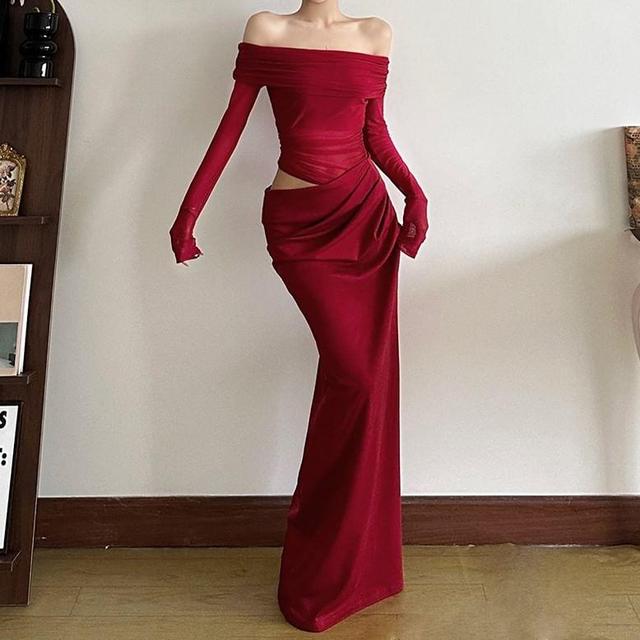 Long-Sleeve Off Shoulder Mesh Maxi Sheath Dress Product Image