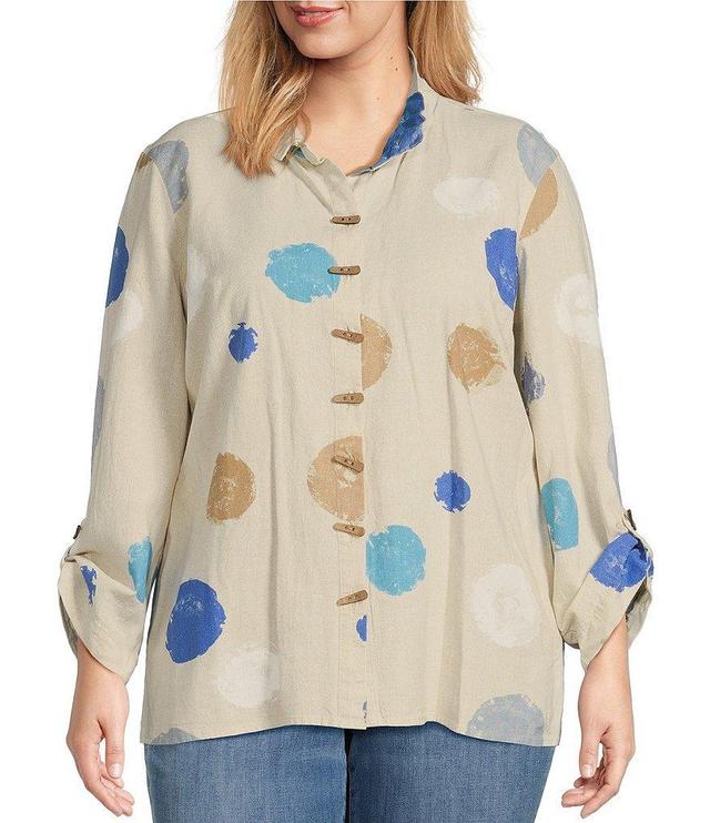 Ali Miles Plus Size Printed Woven Collar Neck 3/4 Sleeve Button Front Tunic Product Image