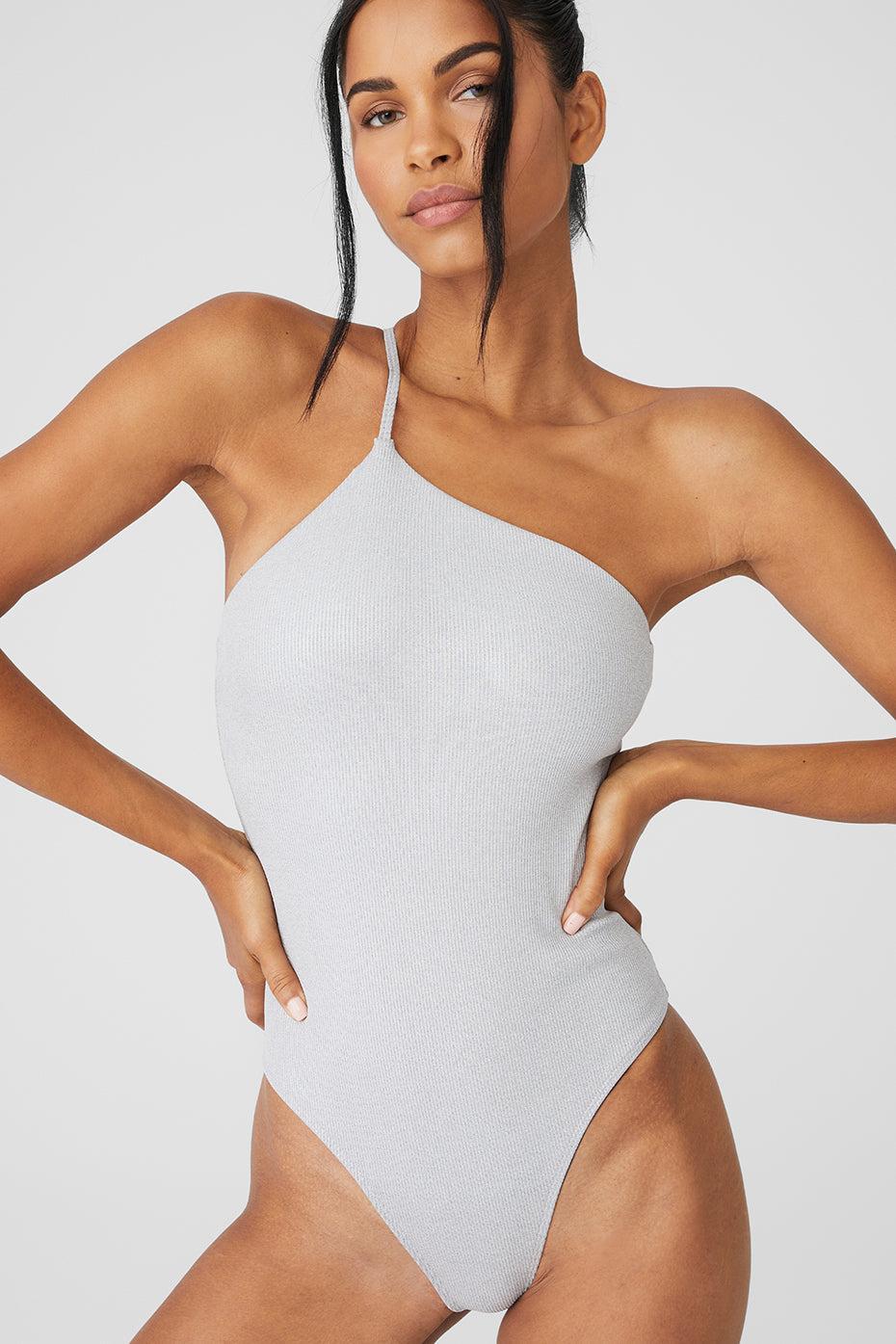 Alosoft Ribbed Shimmer Plie Bodysuit - Light Grey Iridescent Product Image