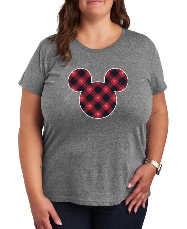 Disneys Mickey Mouse Plus Plaid Silhouette Graphic Tee, Womens Med Grey Product Image