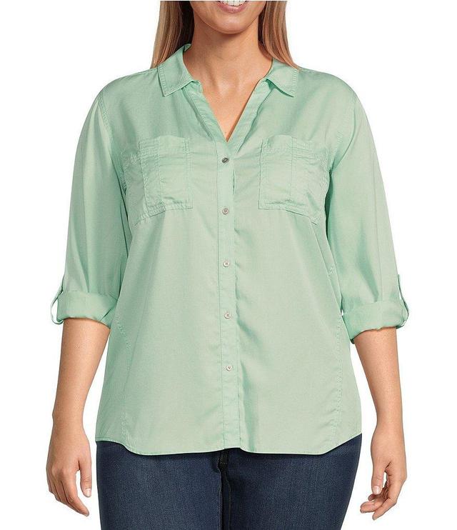 Westbound Plus Size Woven Long Roll-Tab Sleeve Point Collar Y-Neck Button Front Shirt Product Image