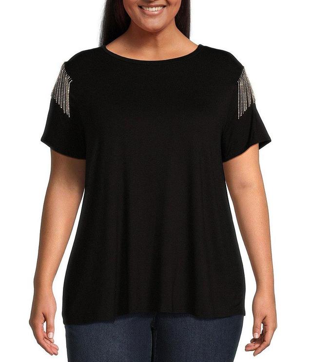 Moa Moa Plus Size Short Sleeve Rhinestone-Embellished Fringe-Accented Top Product Image