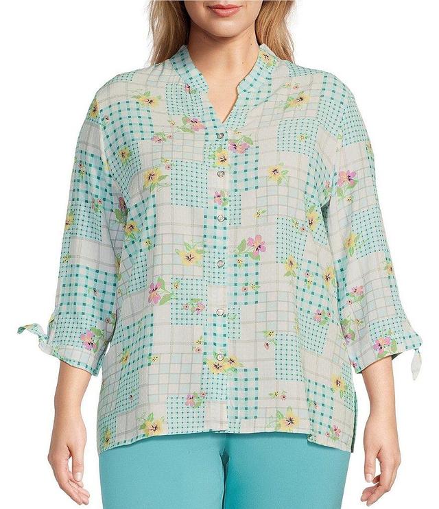 Allison Garden Plus Size Floral Check Print Crinkle 3/4 Tie Sleeve Y-Neck Button Front Top Product Image