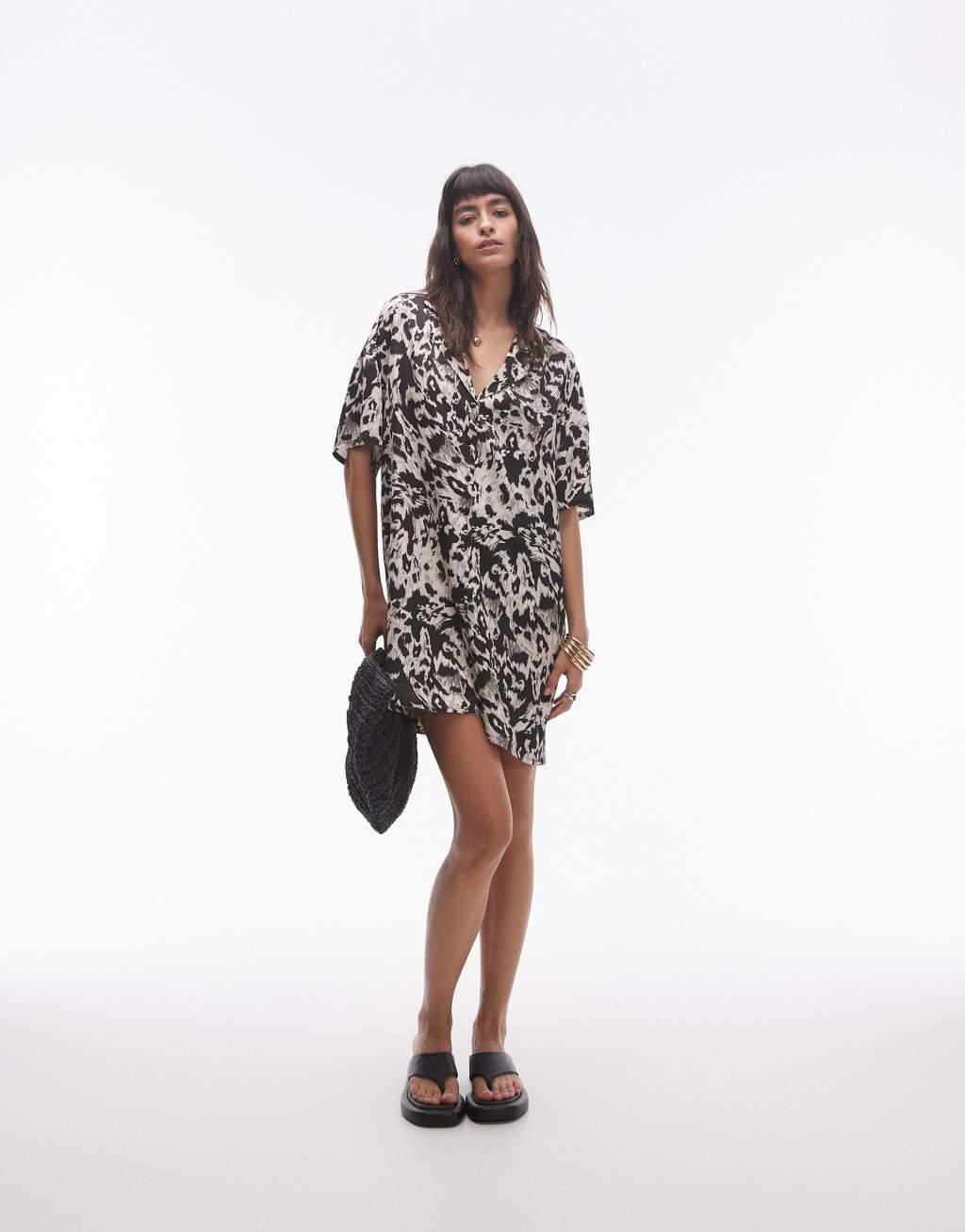 Topshop button down mini shirt dress in mono print Product Image