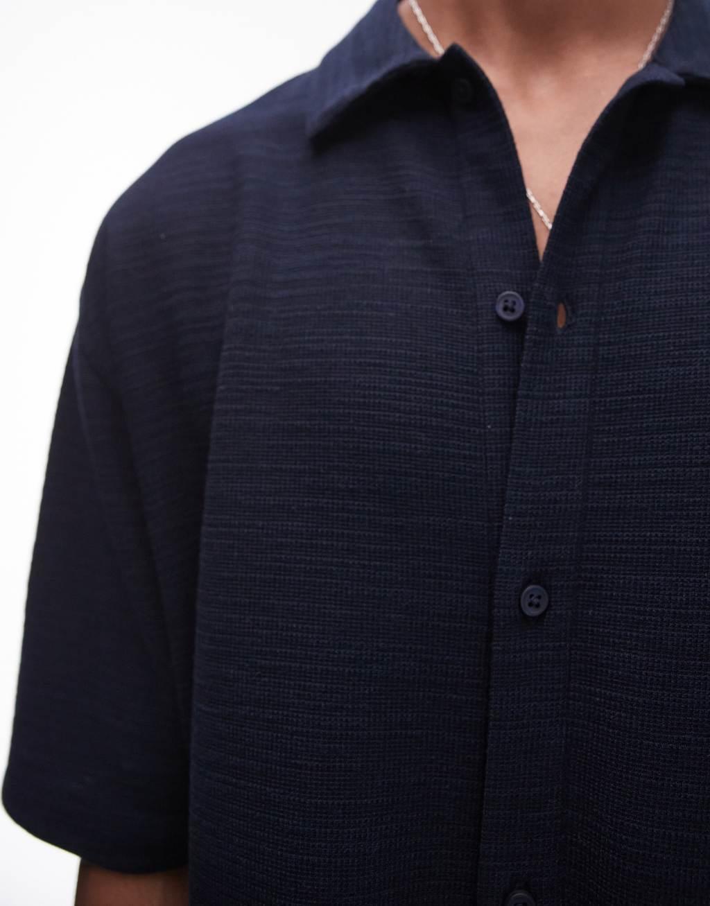 Topman oversized fit mini waffle knit button up jersey shirt in navy Product Image