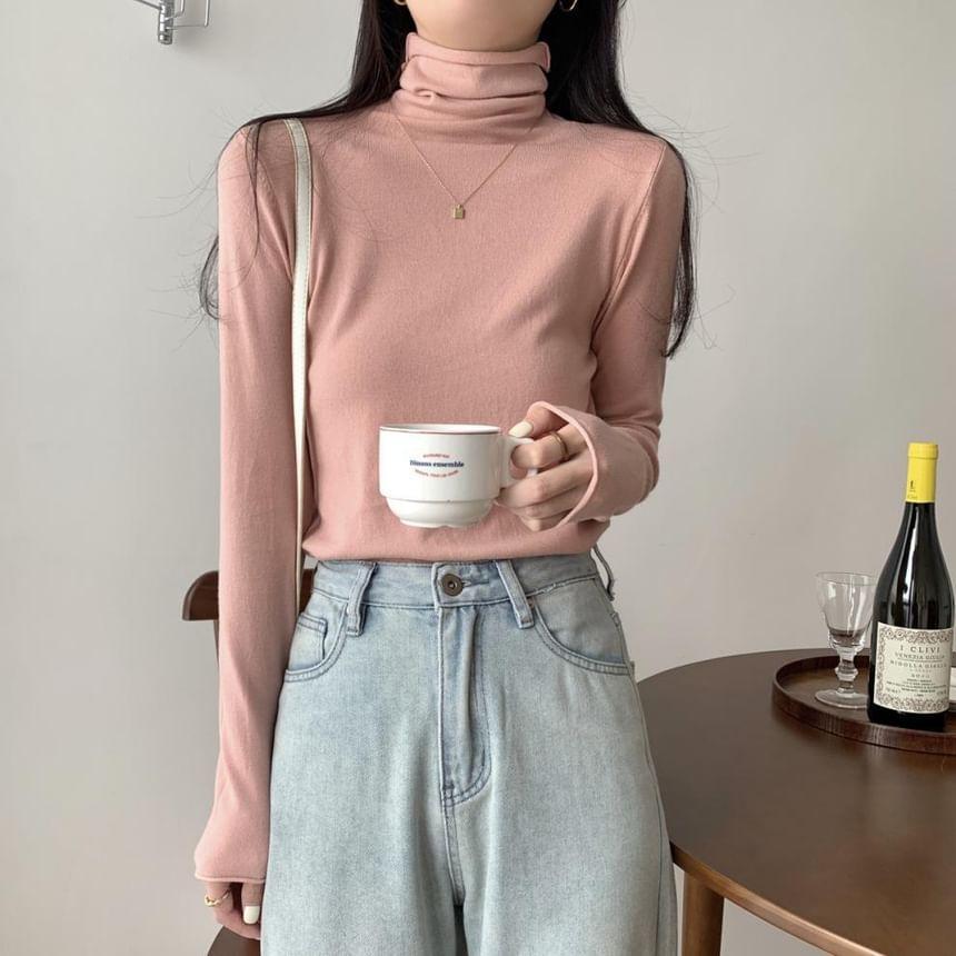 Long-Sleeve Turtleneck Plain Knit Top Product Image