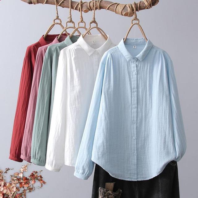 Long Sleeve Lapel Neck Plain Linen Shirt Product Image