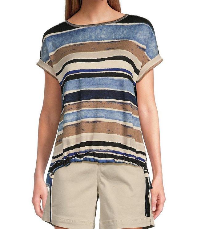 Westbound Petite Size Horizontal Stripe Short Sleeve Scrunched Waist Top Product Image