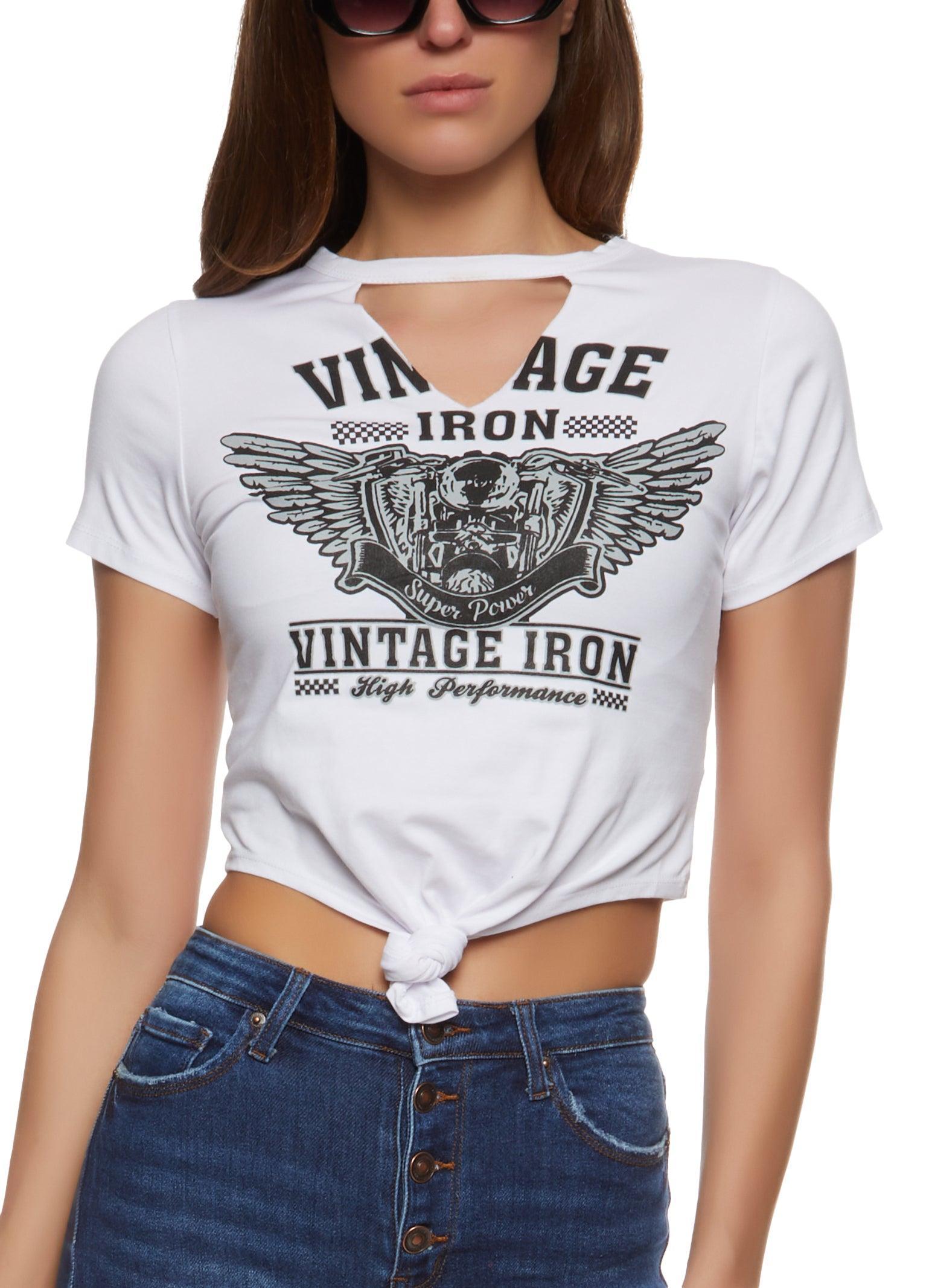 Womens Vintage Iron Graphic Cut Out Cropped Tee Product Image