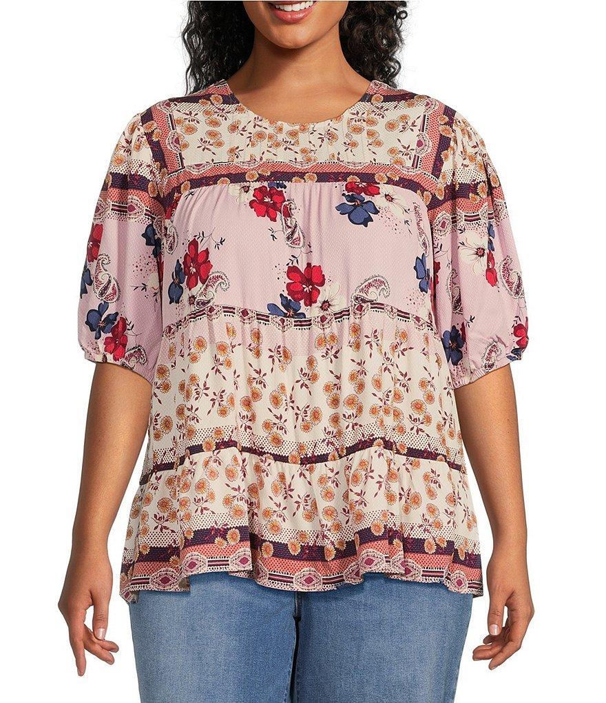 Nurture by Westbound Plus Size Woven Multi Floral Crew Neck Short Sleeve Tiered Top Product Image