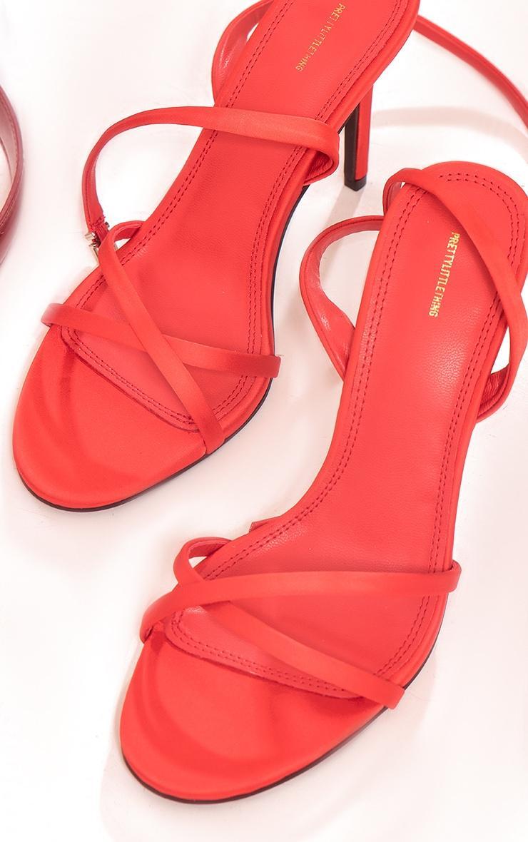 Red Satin Round Toe Cross Over Strap Barely There Heeled Sandals Product Image