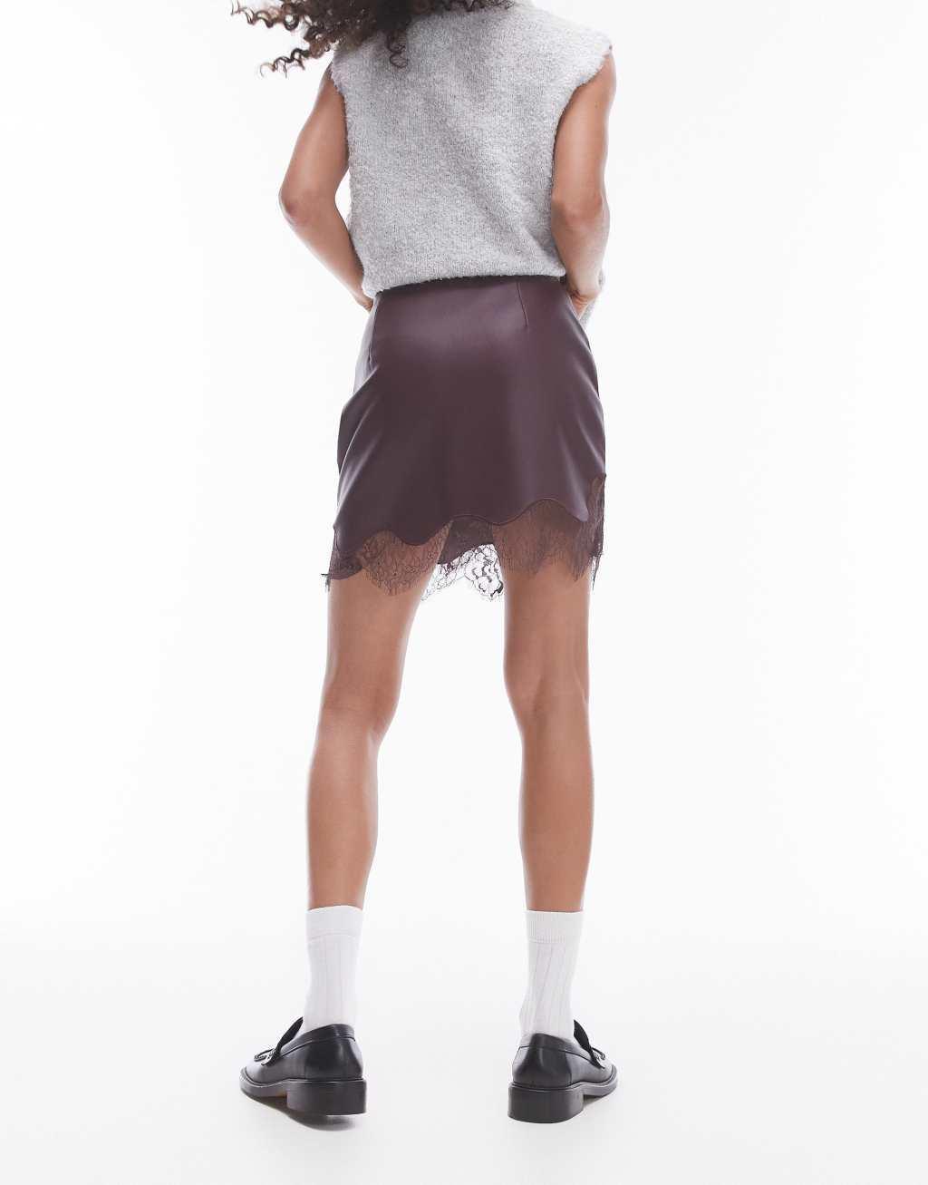 Topshop Faux leather lace insert mini skirt in burgundy Product Image