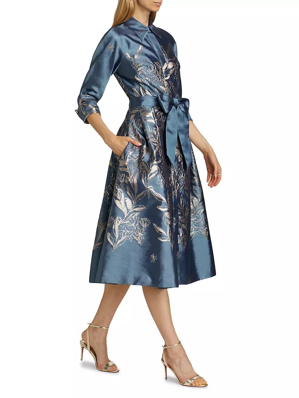 Metallic Embroidered Jacquard Belted Midi-Shirtdress Product Image