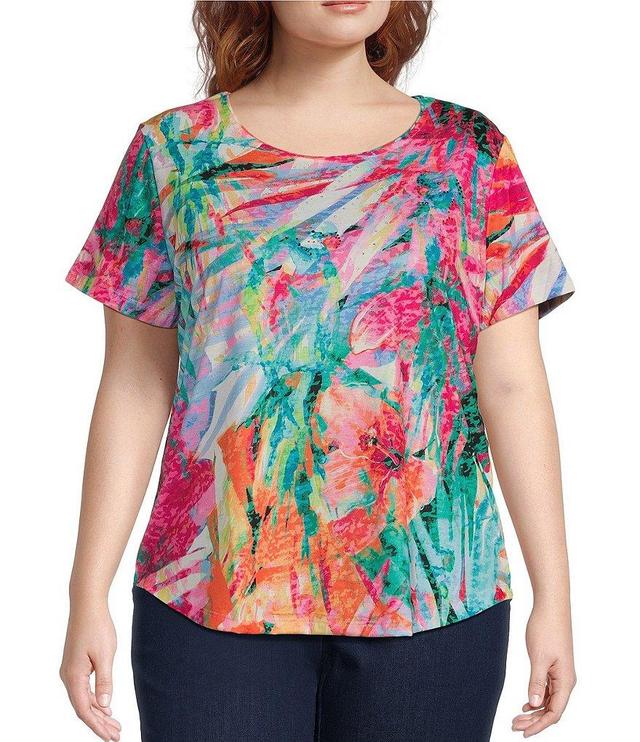 Allison Daley Plus Size Parrot Tropical Print Short Sleeve Crew Neck Art Tee Shirt Product Image