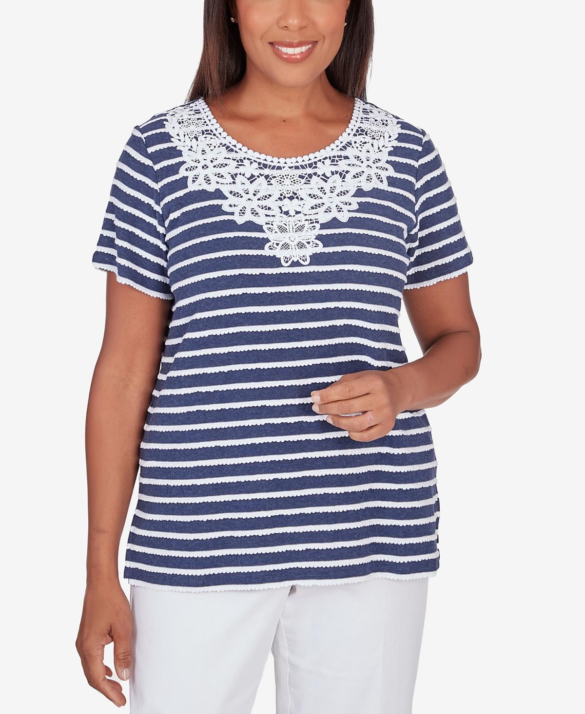 Petite Alfred Dunner Lace Neck Striped Split Hem Tee, Womens Dark Blue Product Image