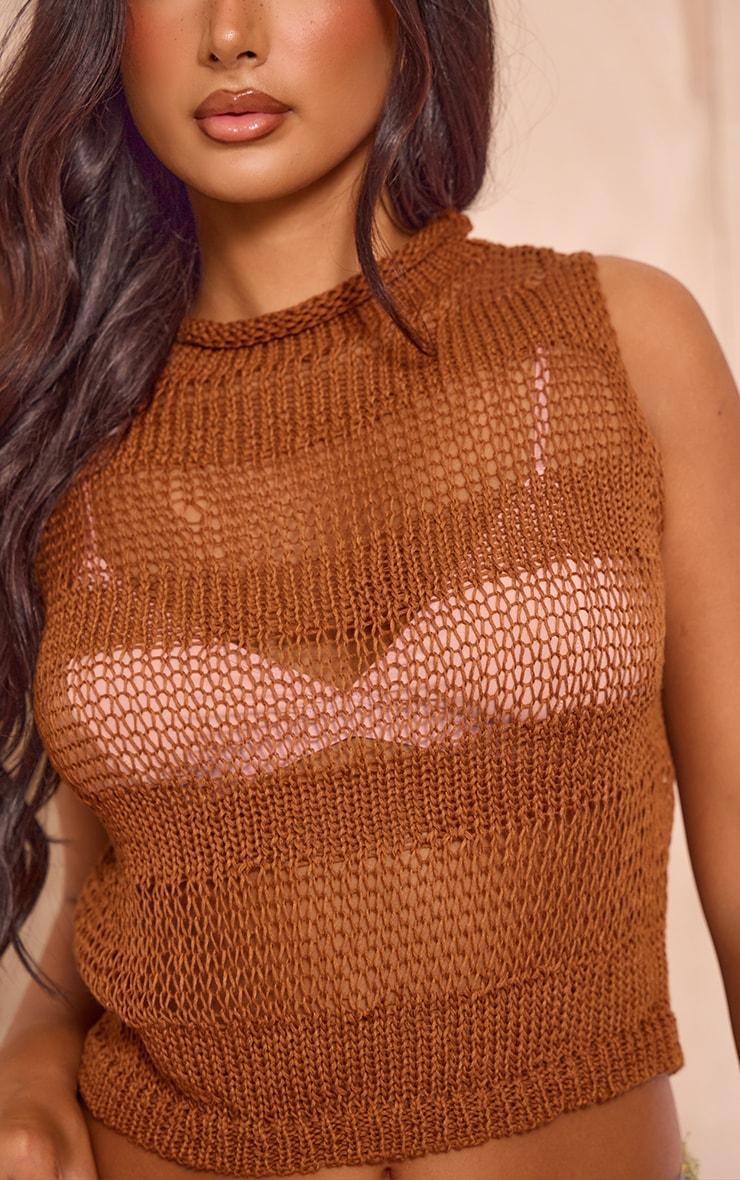 Petite Tan Open Knit Sleeveless Long Top Product Image