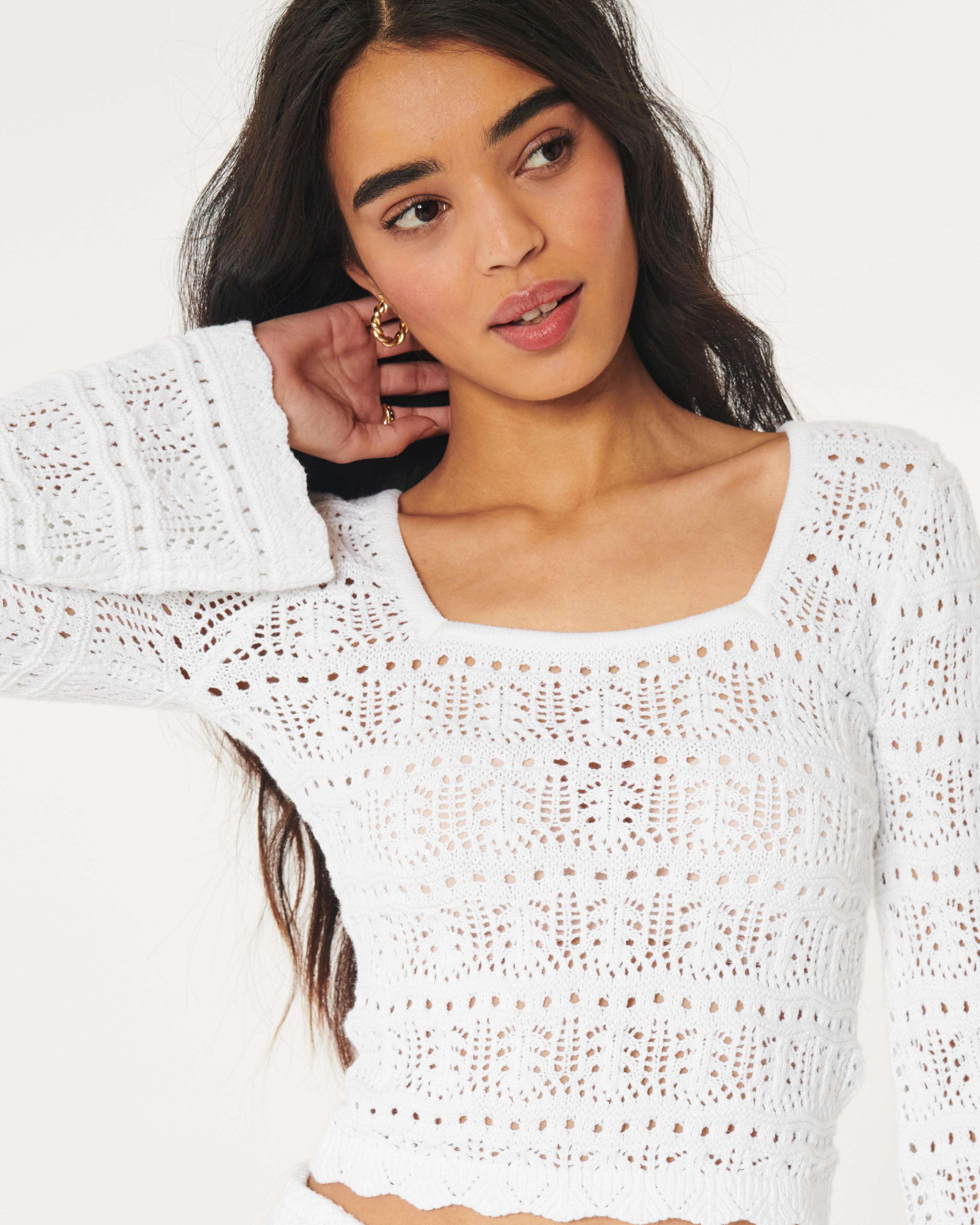 Long-Sleeve Square-Neck Crochet-Style Sweater Product Image