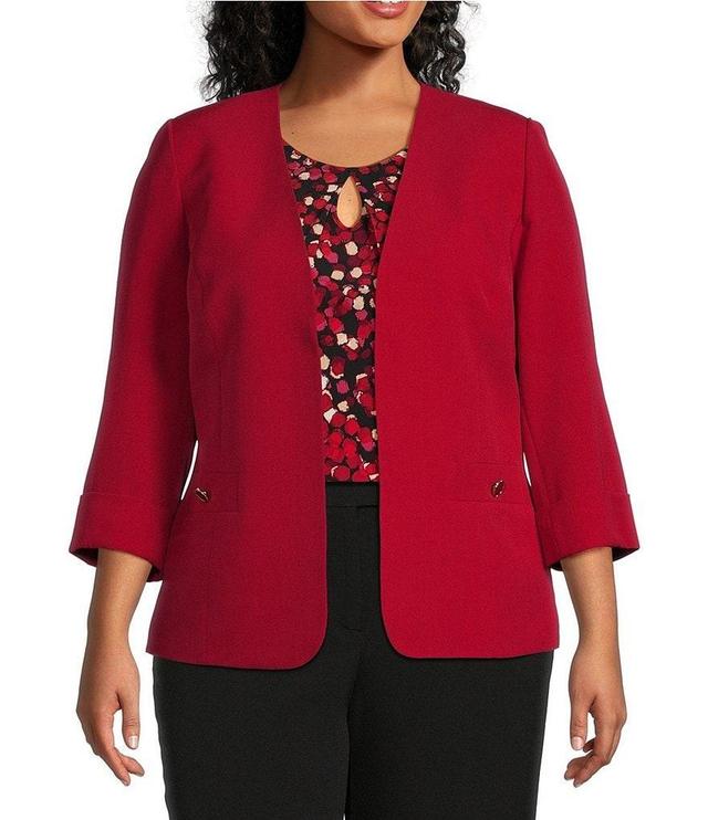 Kasper Plus Size Collarless Rolled Cuff 3/4 Sleeve Button Pocket Cardigan Product Image