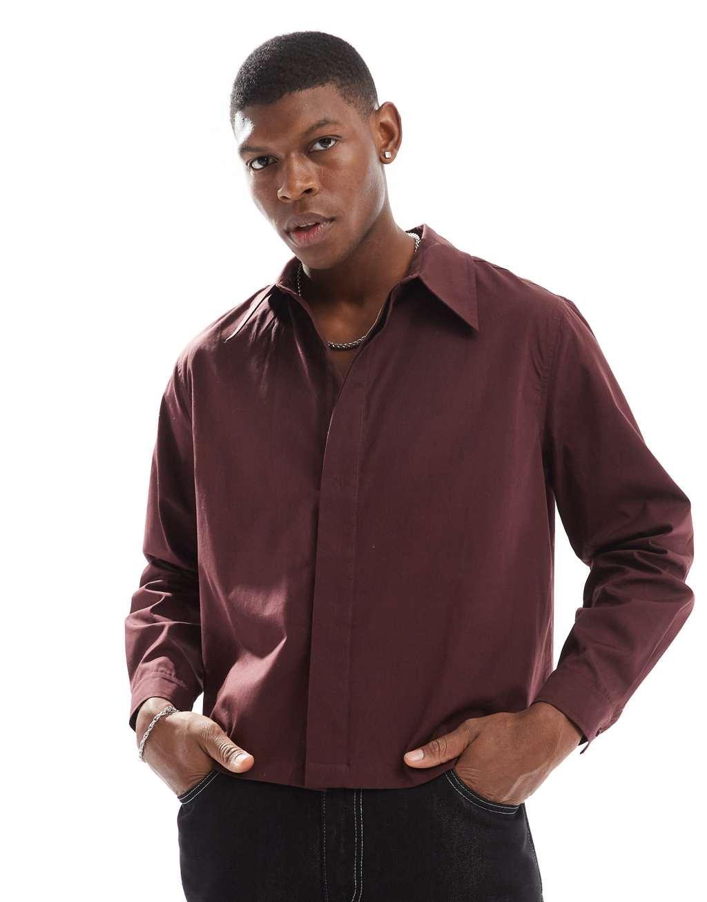 ASOS DESIGN relaxed cropped poplin shirt with hidden placket in brown Product Image