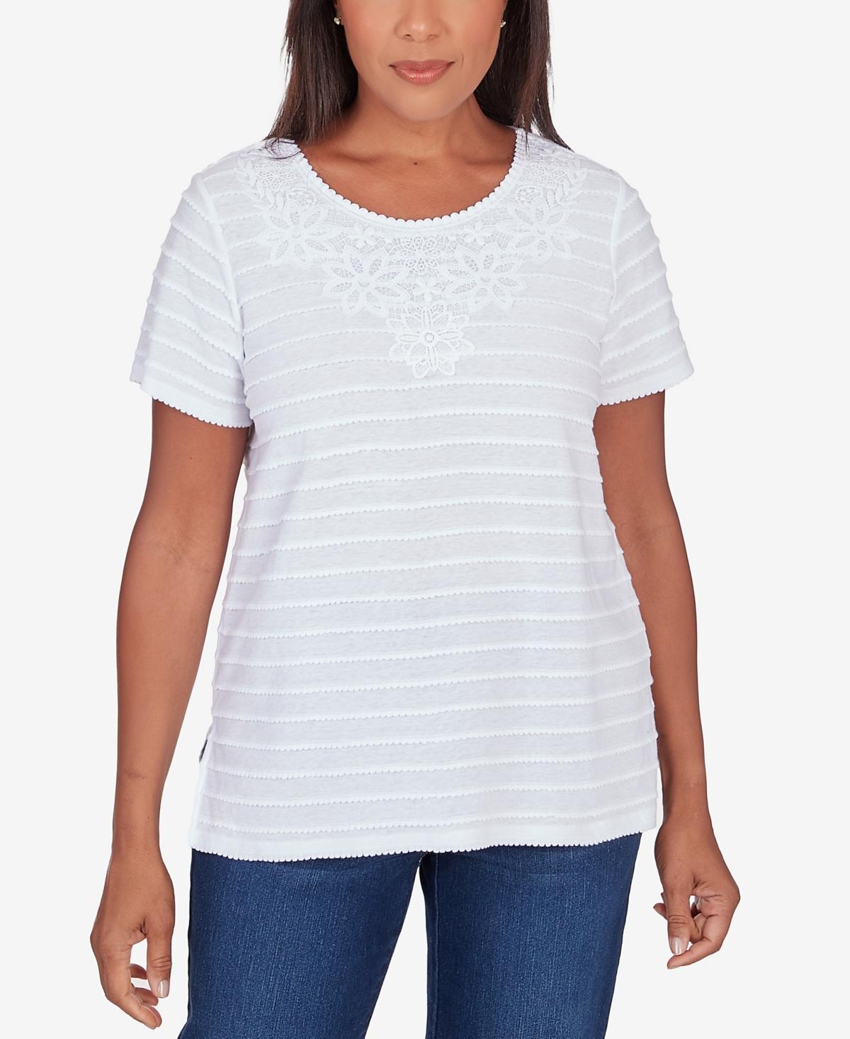 Petite Alfred Dunner Lace Neck Striped Split Hem Tee, Womens Dark Blue Product Image