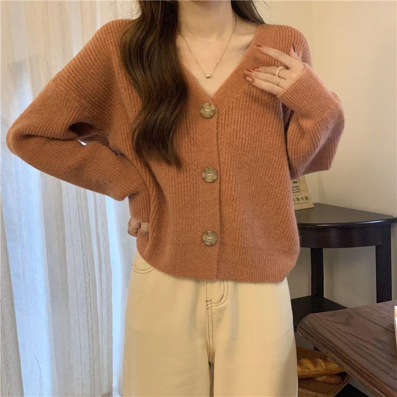 V-Neck Plain Button Cardigan Product Image