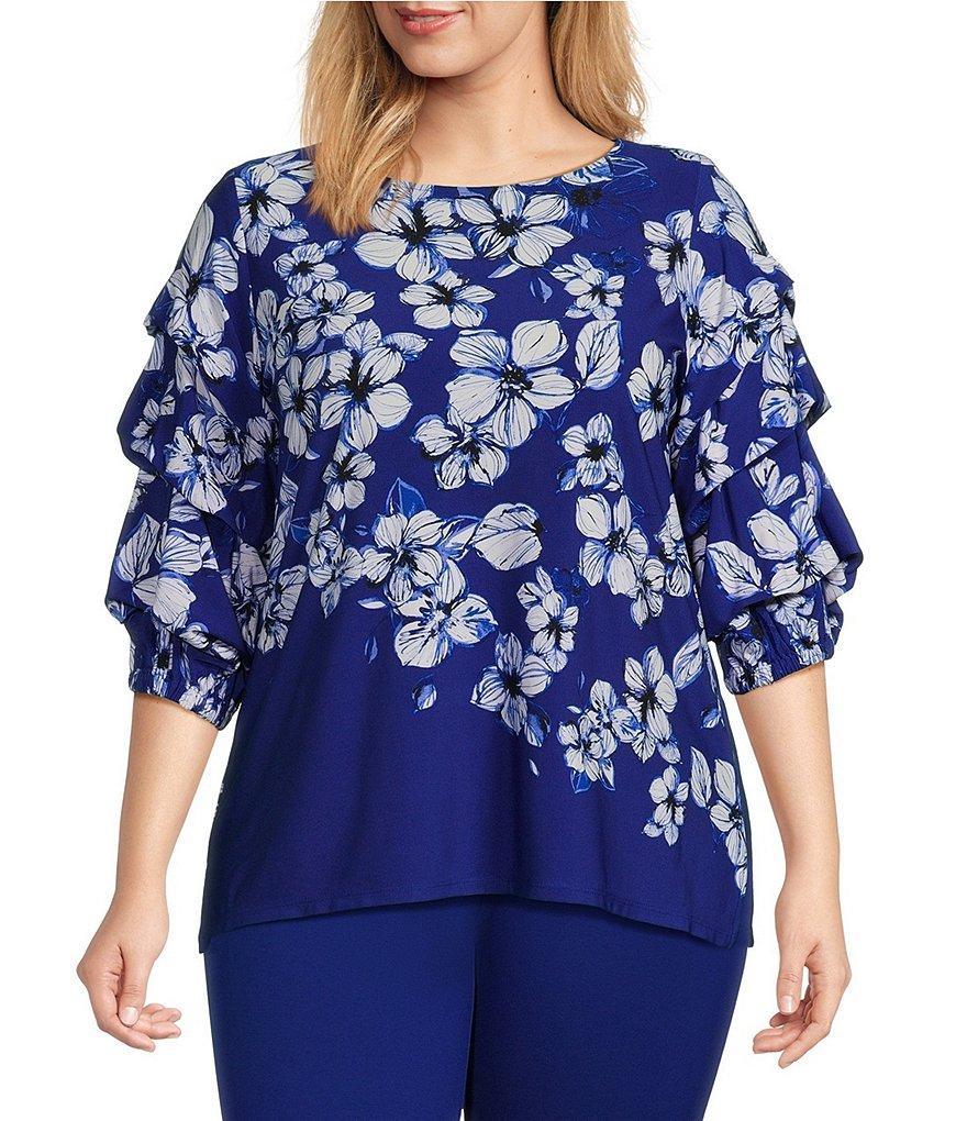 Slim Factor by Investments Plus Size Cascading Stencil Print Three Tiered Sleeve Top Product Image