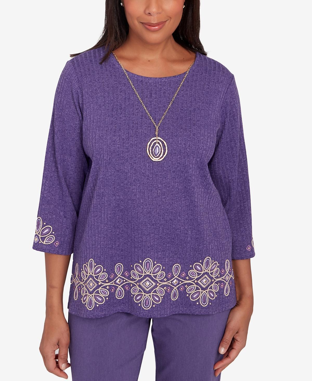 Alfred Dunner Charm School Womens Embroidered Medallion Top With Necklace Product Image