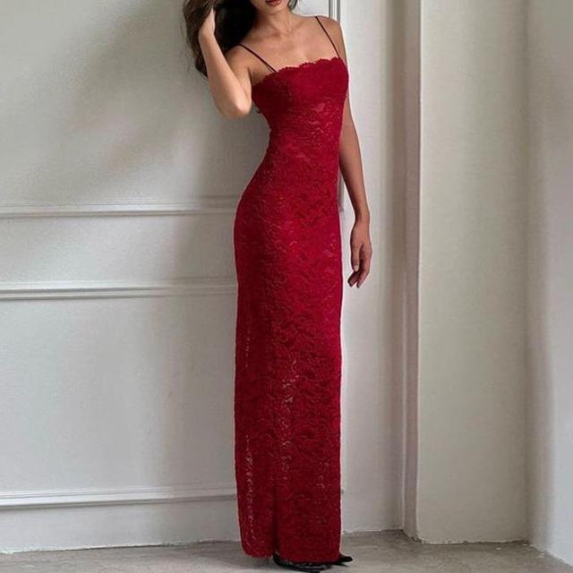 Spaghetti Strap Plain Lace Maxi Sheath Dress Product Image