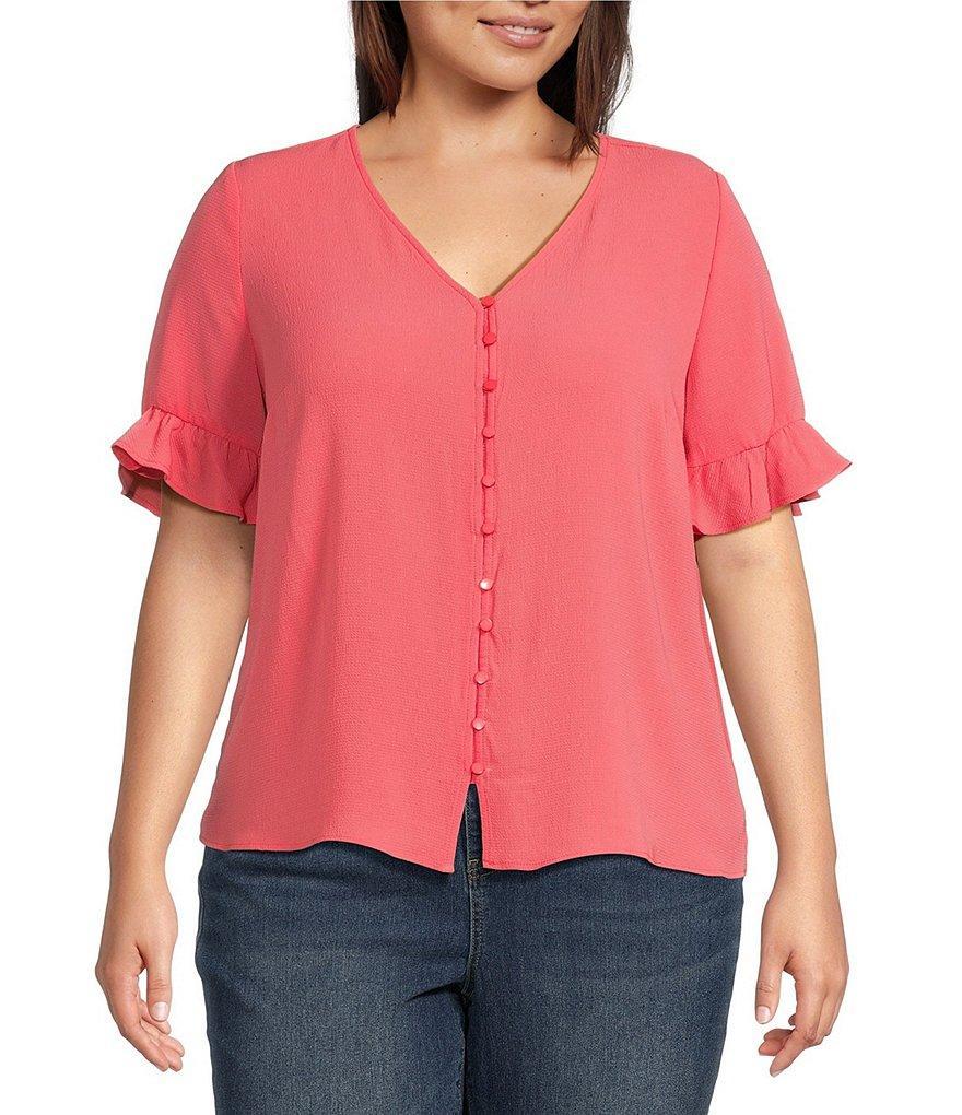 Cece V Neck Short Ruffle Sleeve Button Blouse product image