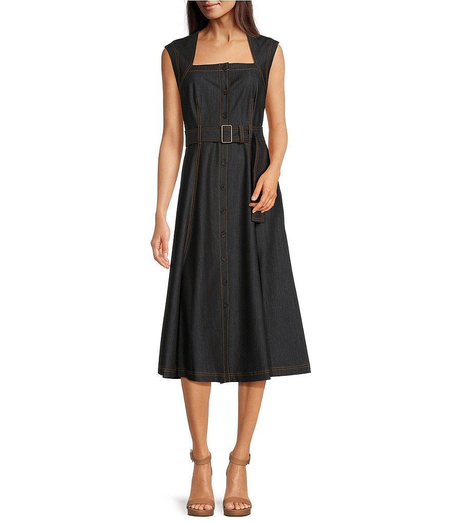 Calvin Klein Sleeveless Square Neck Belted Denim A-Line Midi Dress Product Image