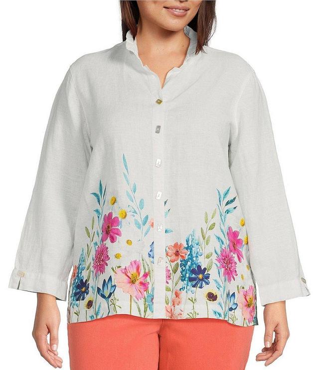 John Mark Plus Size Floral Border Print Linen Wire Collar 3/4 Sleeves Button-Front Tunic Product Image