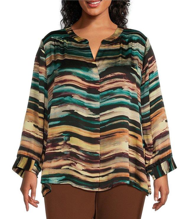 Investments Plus Size Woven Inverted Pleat Split V-Neck 3/4 Sleeve Top Product Image