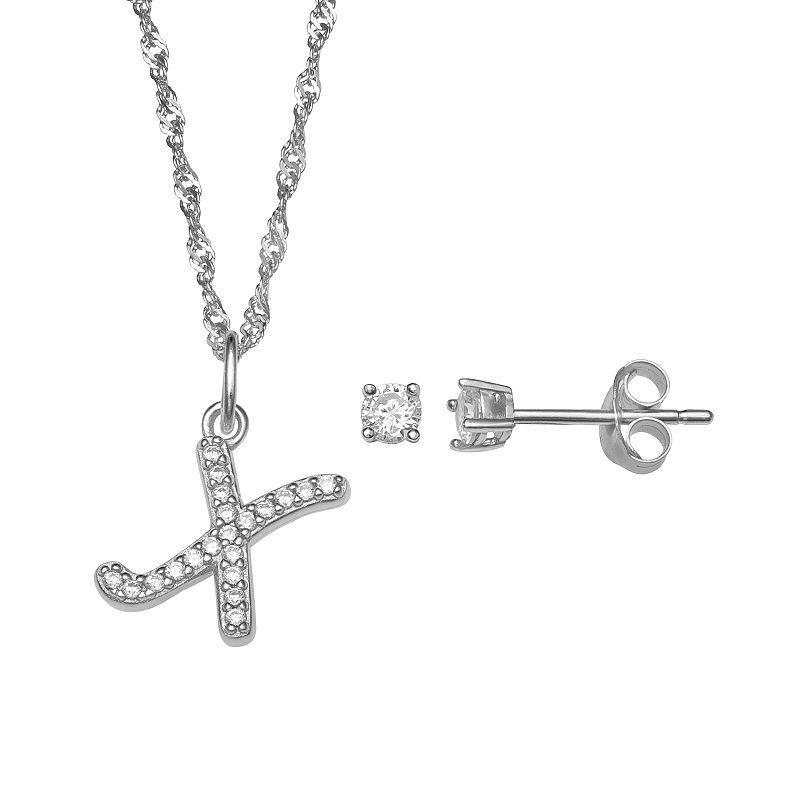 LC Lauren Conrad Sterling Silver Cubic Zirconia Stud Earrings & Initial Pendant Necklace Set, Womens Sterling Silver P Product Image