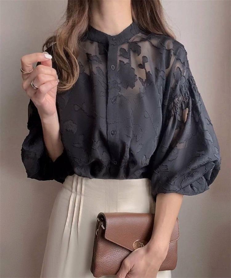 Balloon Sleeve Mock Neck Jacquard Blouse Product Image